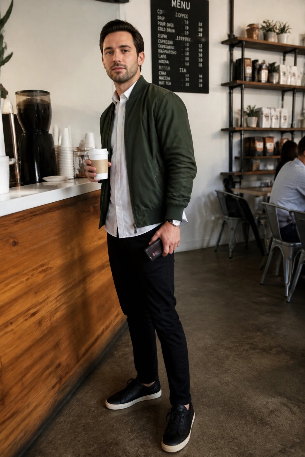 Man in green bomber jacket holds coffee cup inside modern cafe