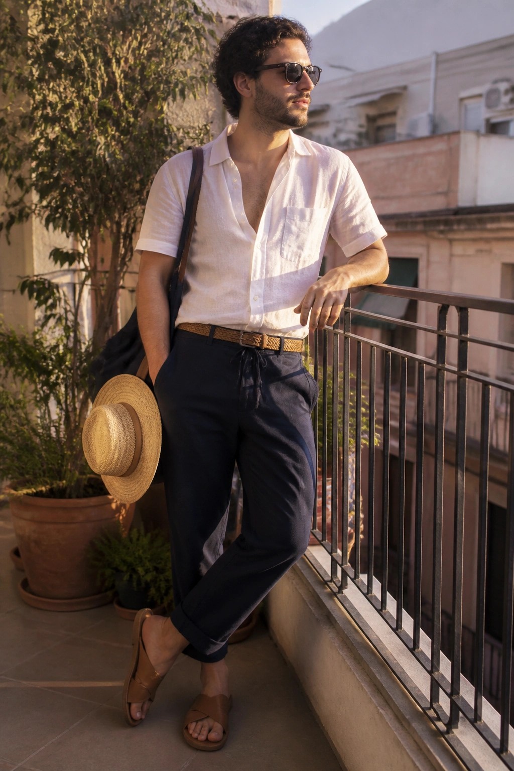 Man in white shirt and navy pants holding straw hat on balcony