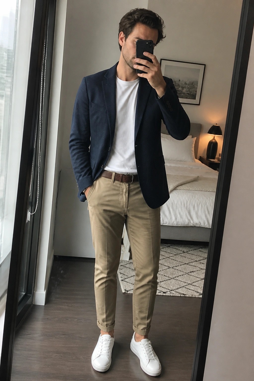 Man in navy blazer, white t-shirt, khaki pants, and white sneakers taking mirror selfie.
