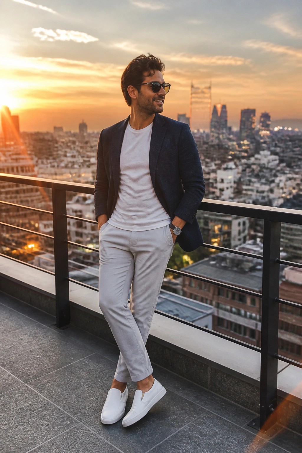 Man in navy blazer and light pants on sunset city balcony rooftop