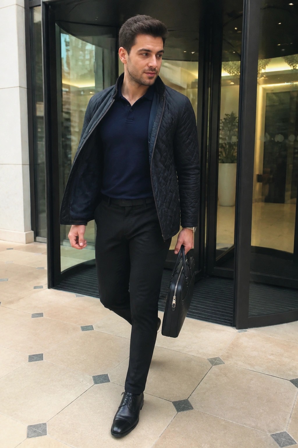 Man in open black quilted jacket over navy polo holding briefcase outside glass doors