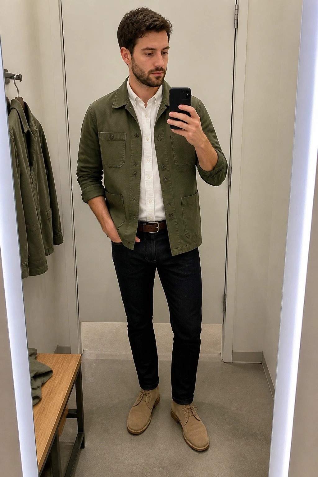Man taking mirror selfie in green jacket over white shirt with dark jeans and brown boots