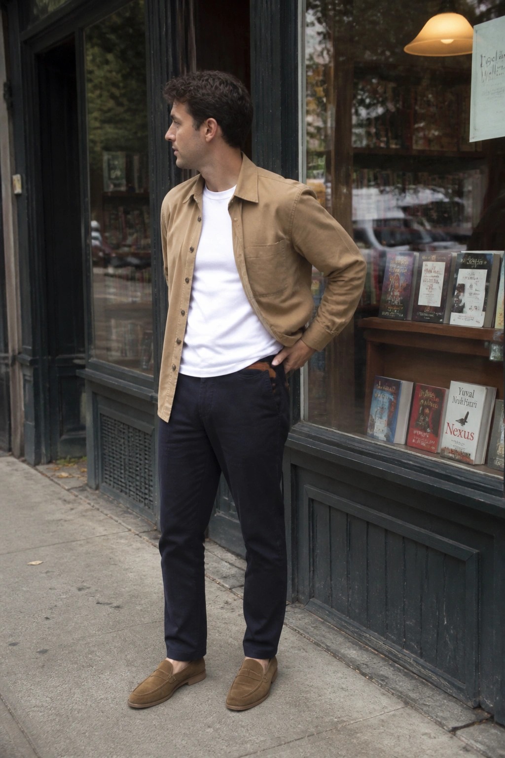 Man in tan overshirt and white tee stands by bookstore window with hand on hip