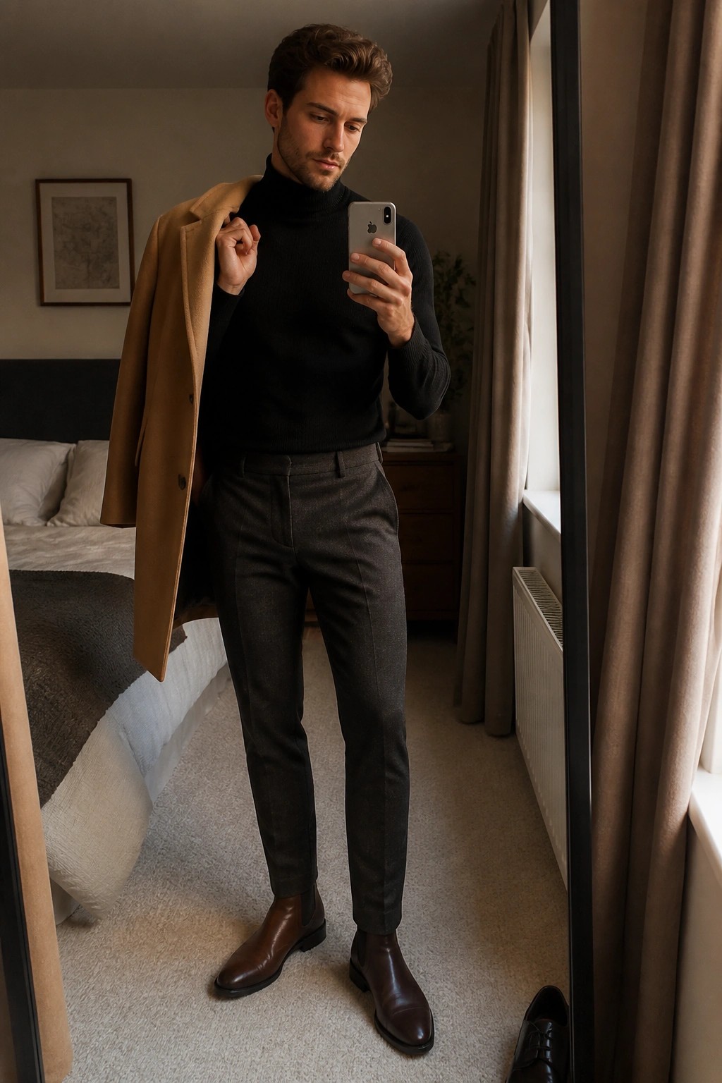 Man in black turtleneck holding tan coat taking mirror selfie in bedroom