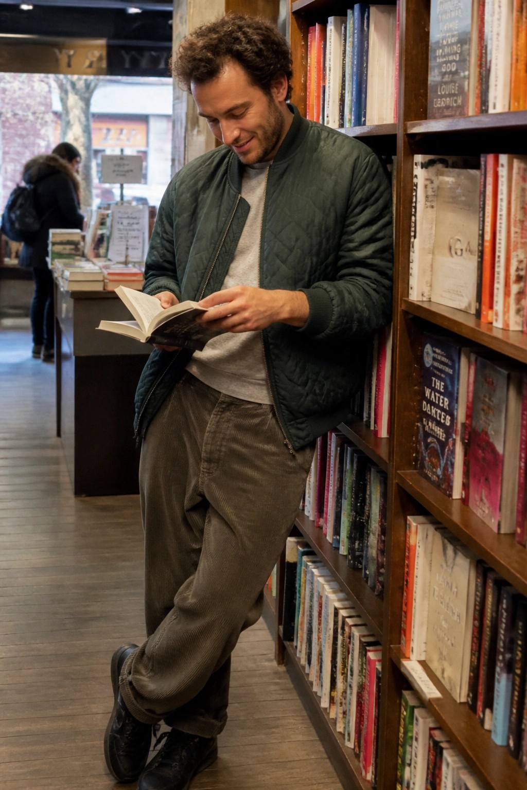 Man in green quilted jacket reading book beside wooden bookshelf in bookstore