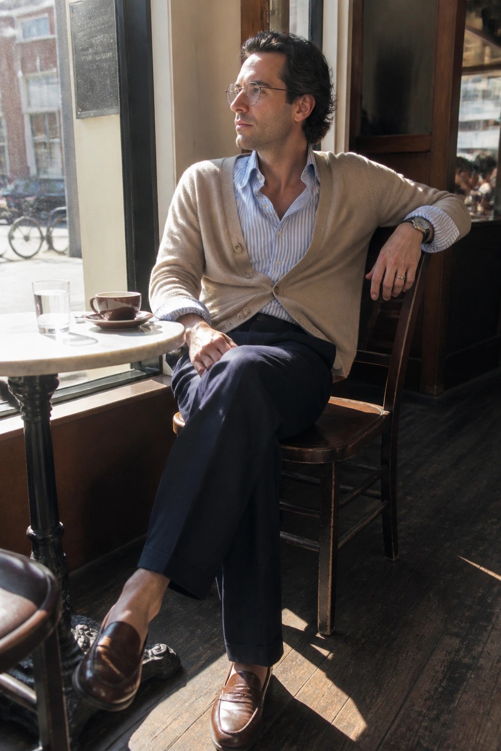 Man in beige cardigan and striped shirt relaxes by sunny cafe window with coffee.