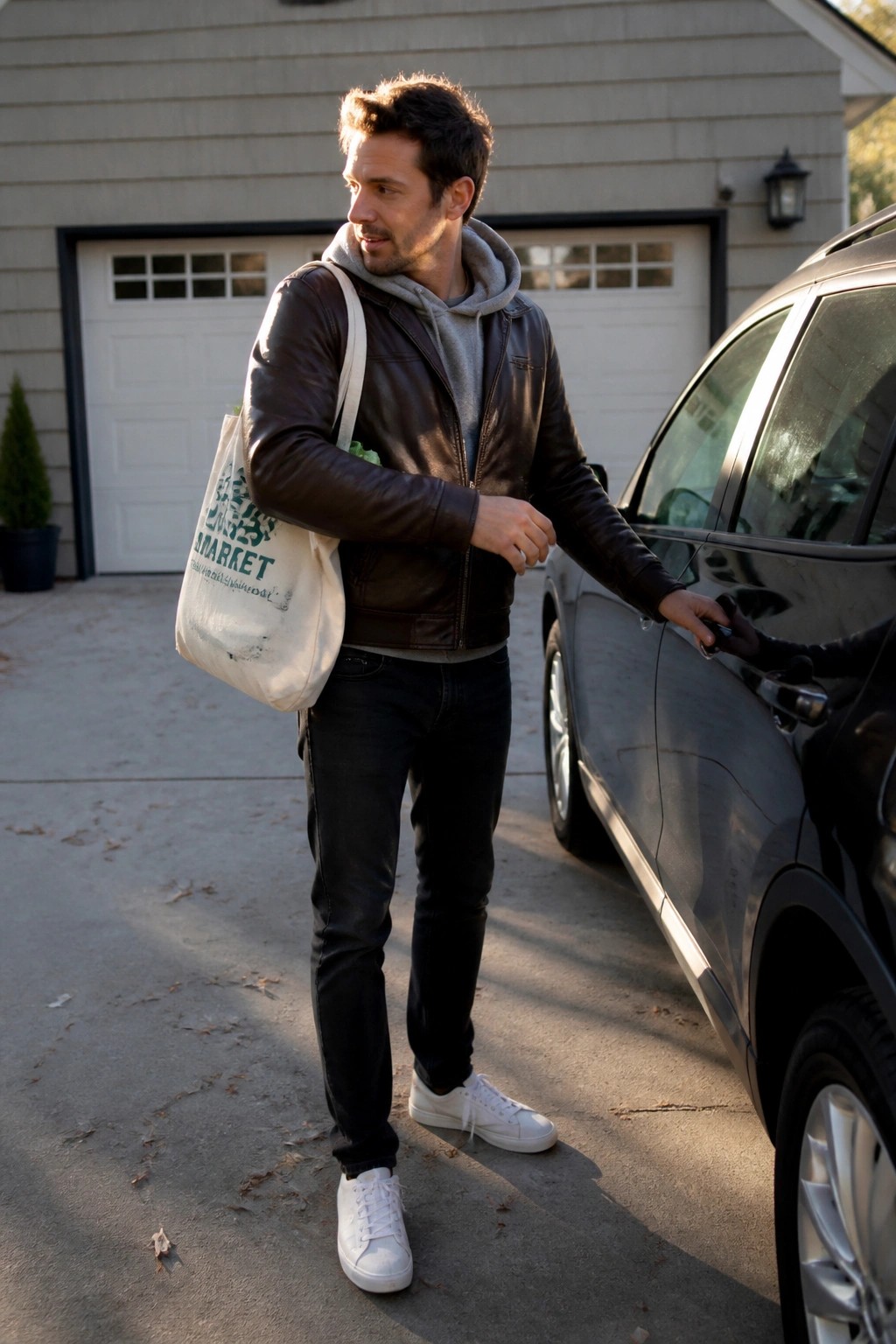 Man in brown leather jacket over gray hoodie with tote bag opening black car door.