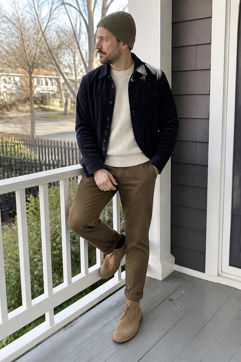 Man in olive beanie, navy corduroy jacket, cream sweater, and brown pants on porch