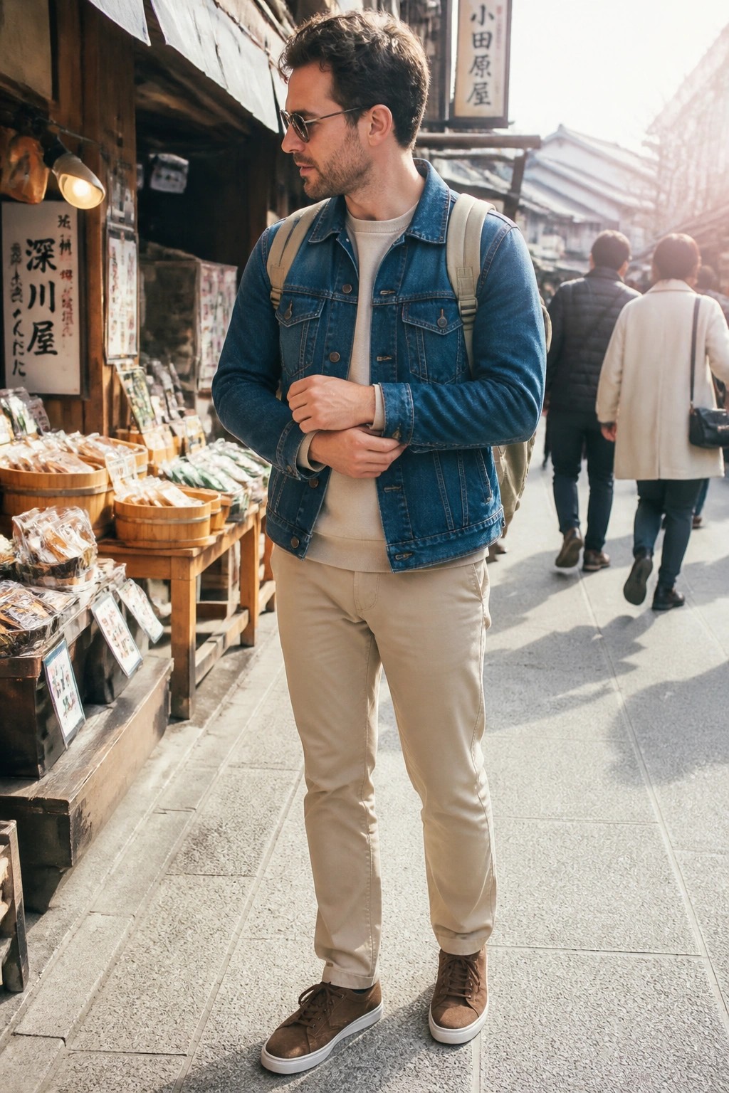 Man in denim jacket and beige pants stands at sunny Japanese market stall.