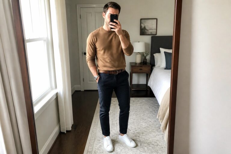 Man in tan sweater and navy pants taking mirror selfie in bedroom