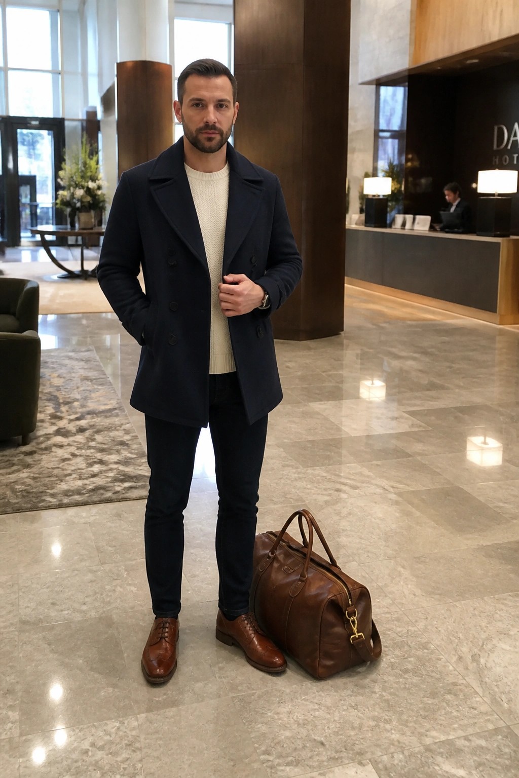 Man in navy peacoat over cream sweater beside brown leather duffel in marble lobby