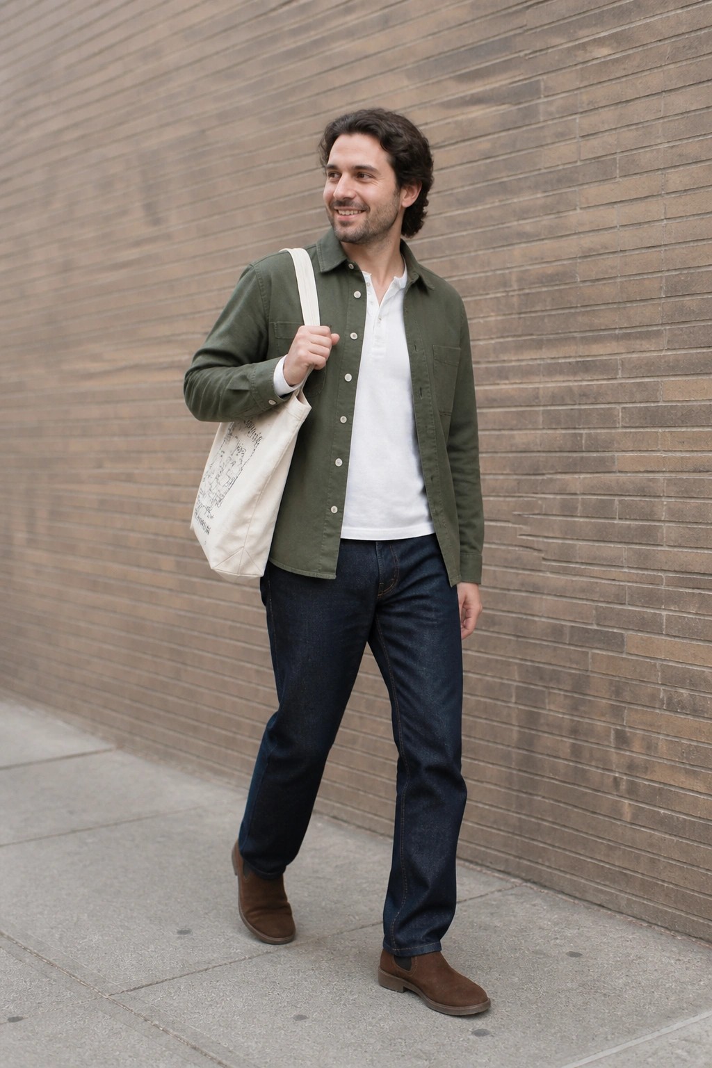 Man in green shirt over white tee, blue jeans, brown boots, holding tote bag