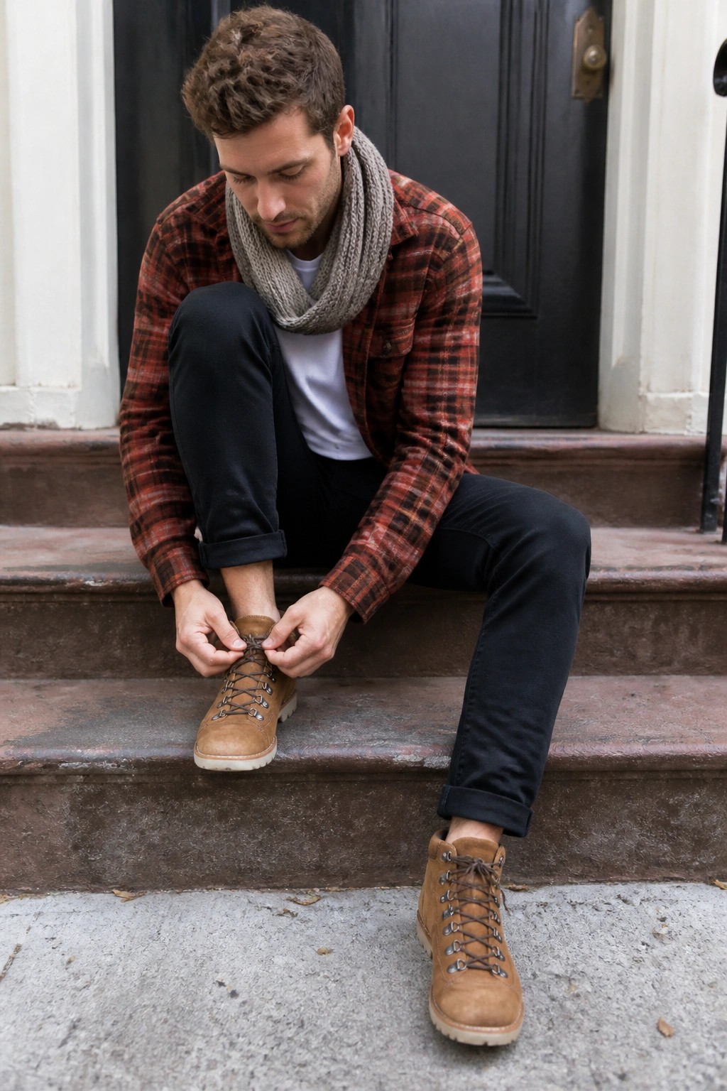Man in red plaid shirt and gray scarf tying brown boots on steps