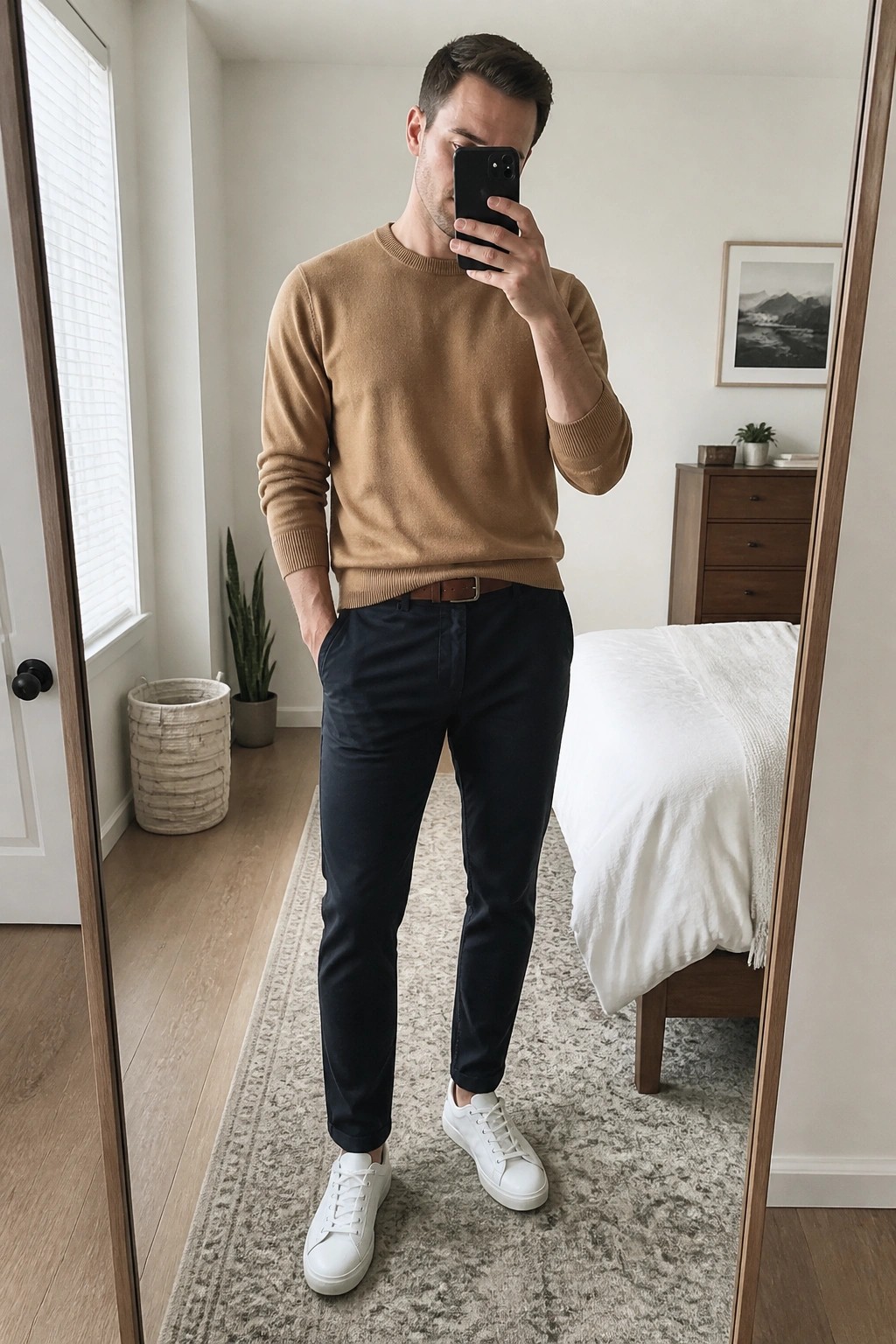 Man in tan sweater and navy pants taking mirror selfie in bedroom