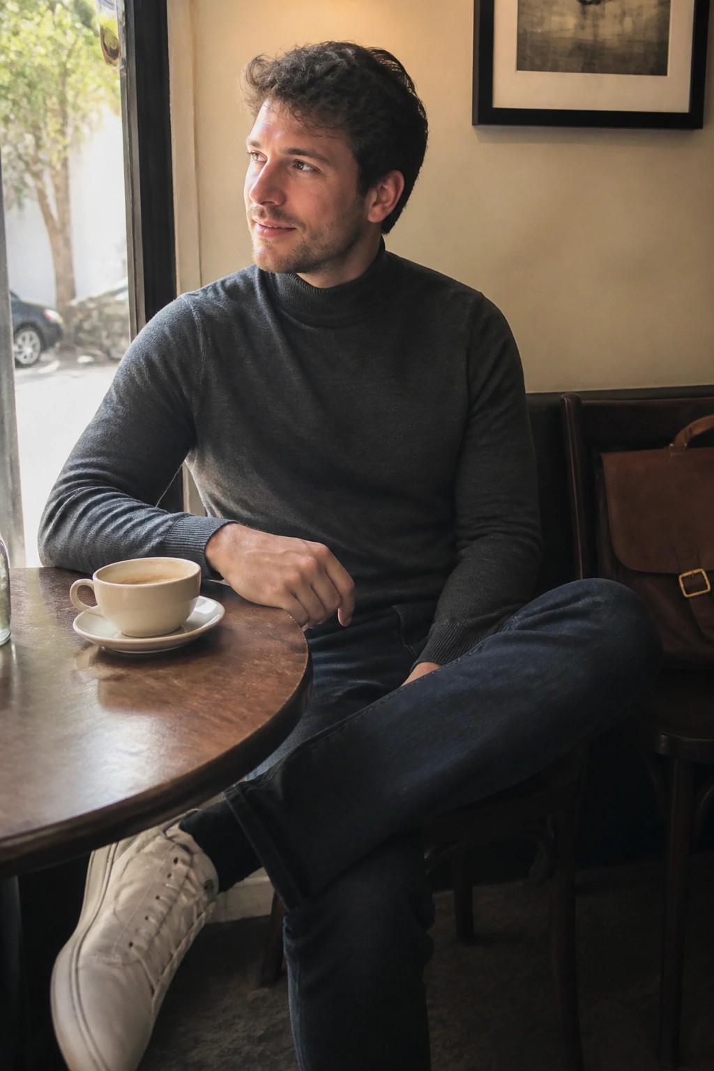 Man in gray turtleneck at cafe table with coffee cup and brown leather bag.