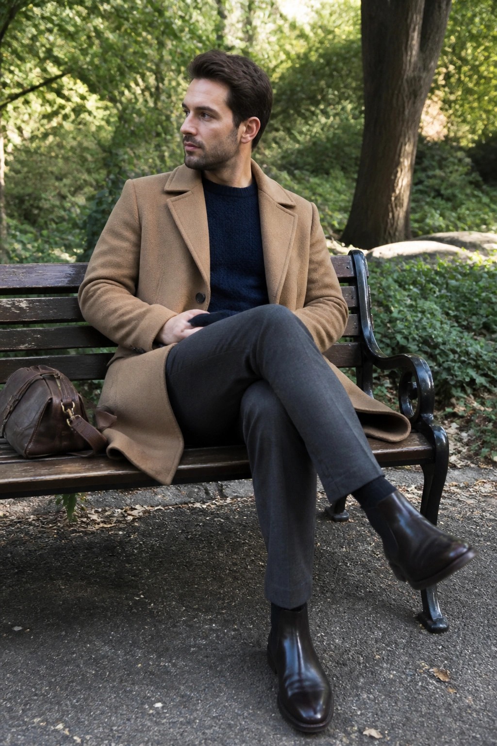 Man in tan coat and navy sweater sits on park bench with leather bag
