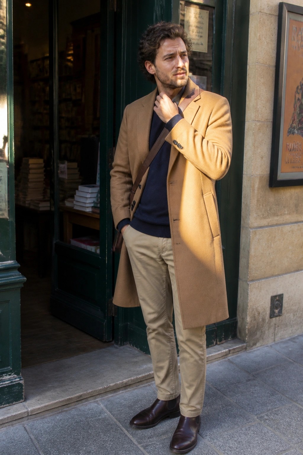Man in tan overcoat and navy sweater adjusting collar outside bookstore