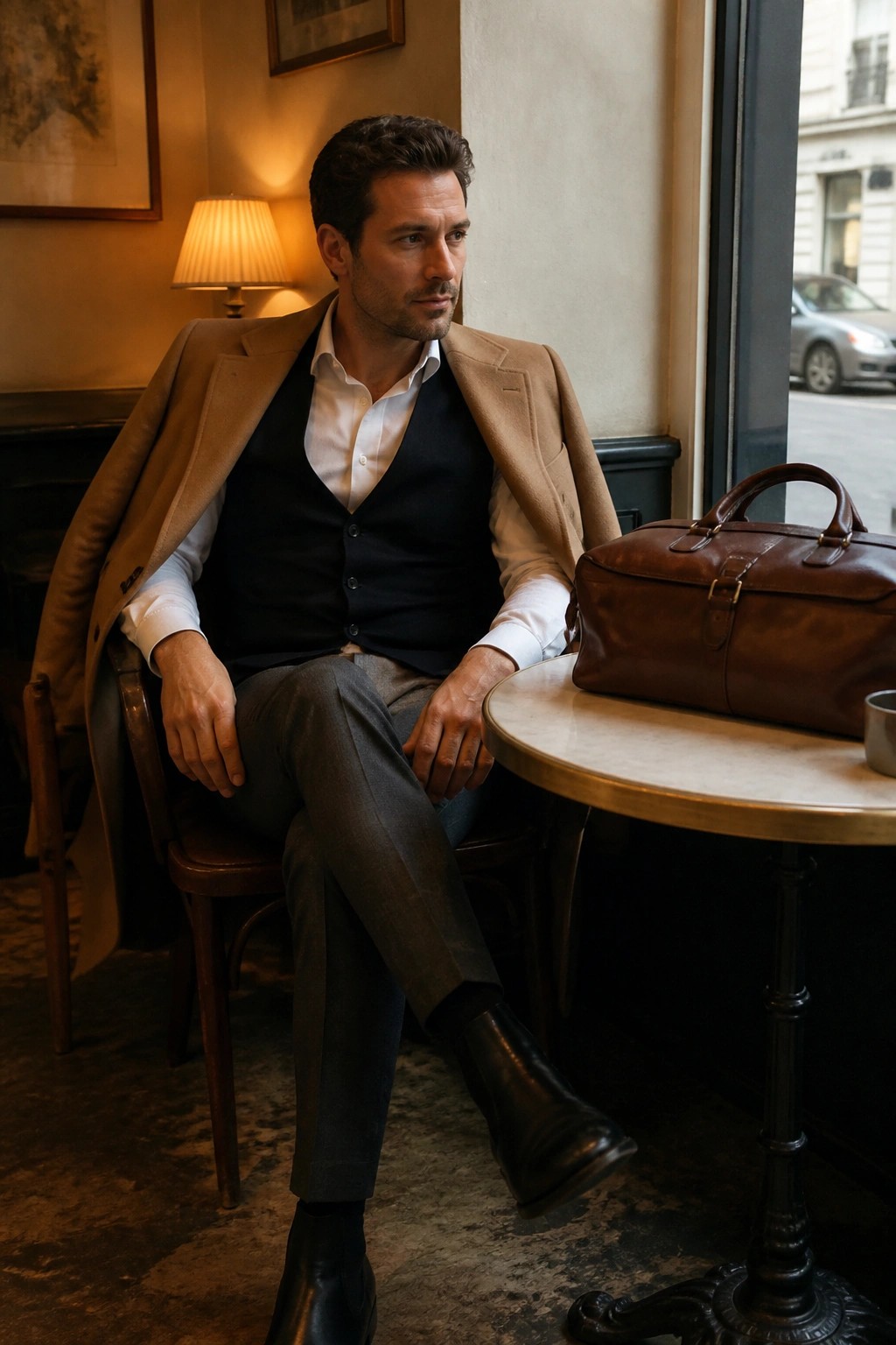 Man in tan overcoat and black vest seated by brown leather bag in cafe