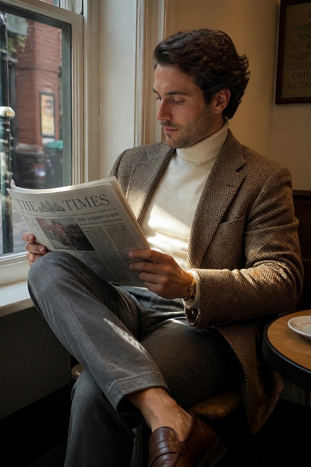 Man in brown tweed blazer and white turtleneck reading The Times by sunny window