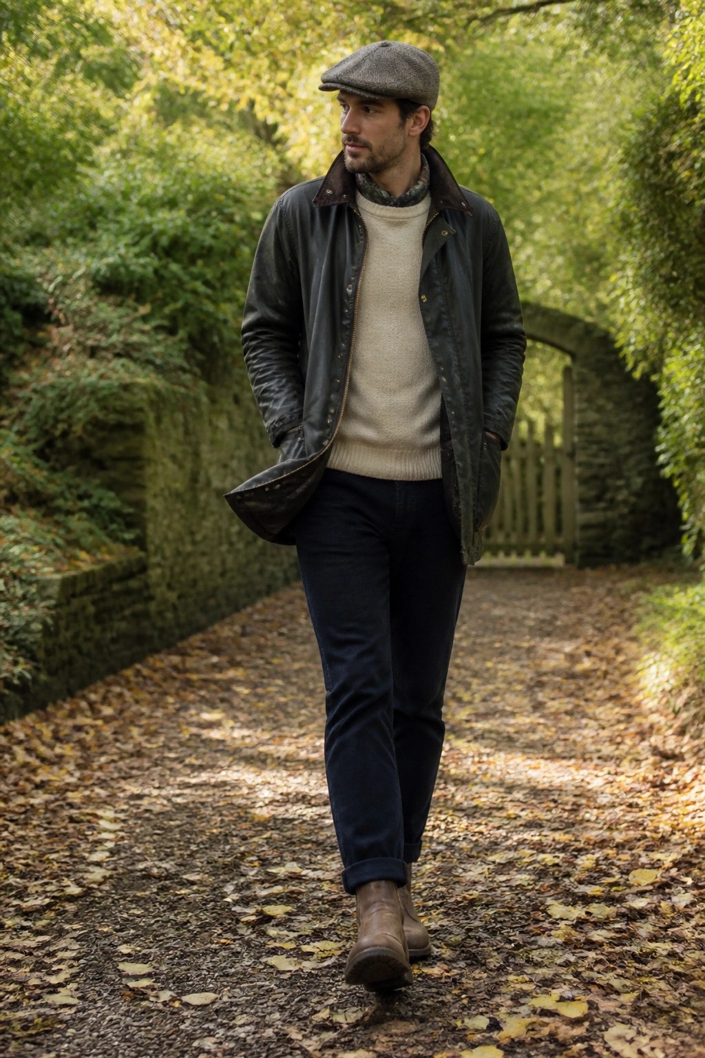 Man in flat cap and leather jacket walking on autumn forest path