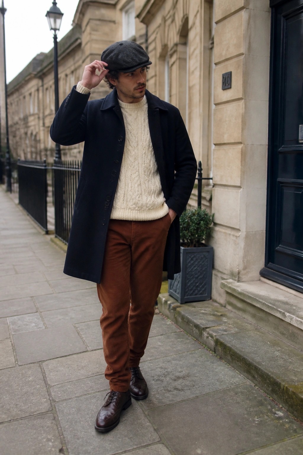 Man adjusts gray flat cap while wearing navy coat, cream sweater, and brown pants.