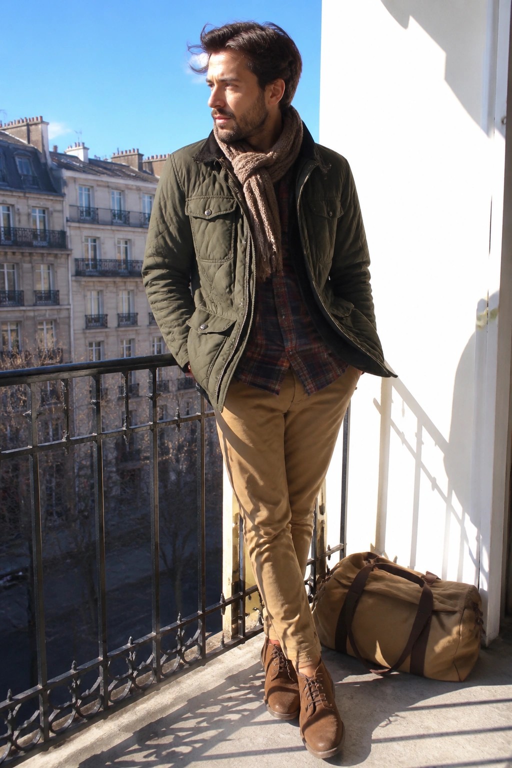 A man standing on a balcony wearing a green quilted jacket over a plaid shirt with a beige scarf, tan chinos, and brown suede boots, with a duffel bag nearby.