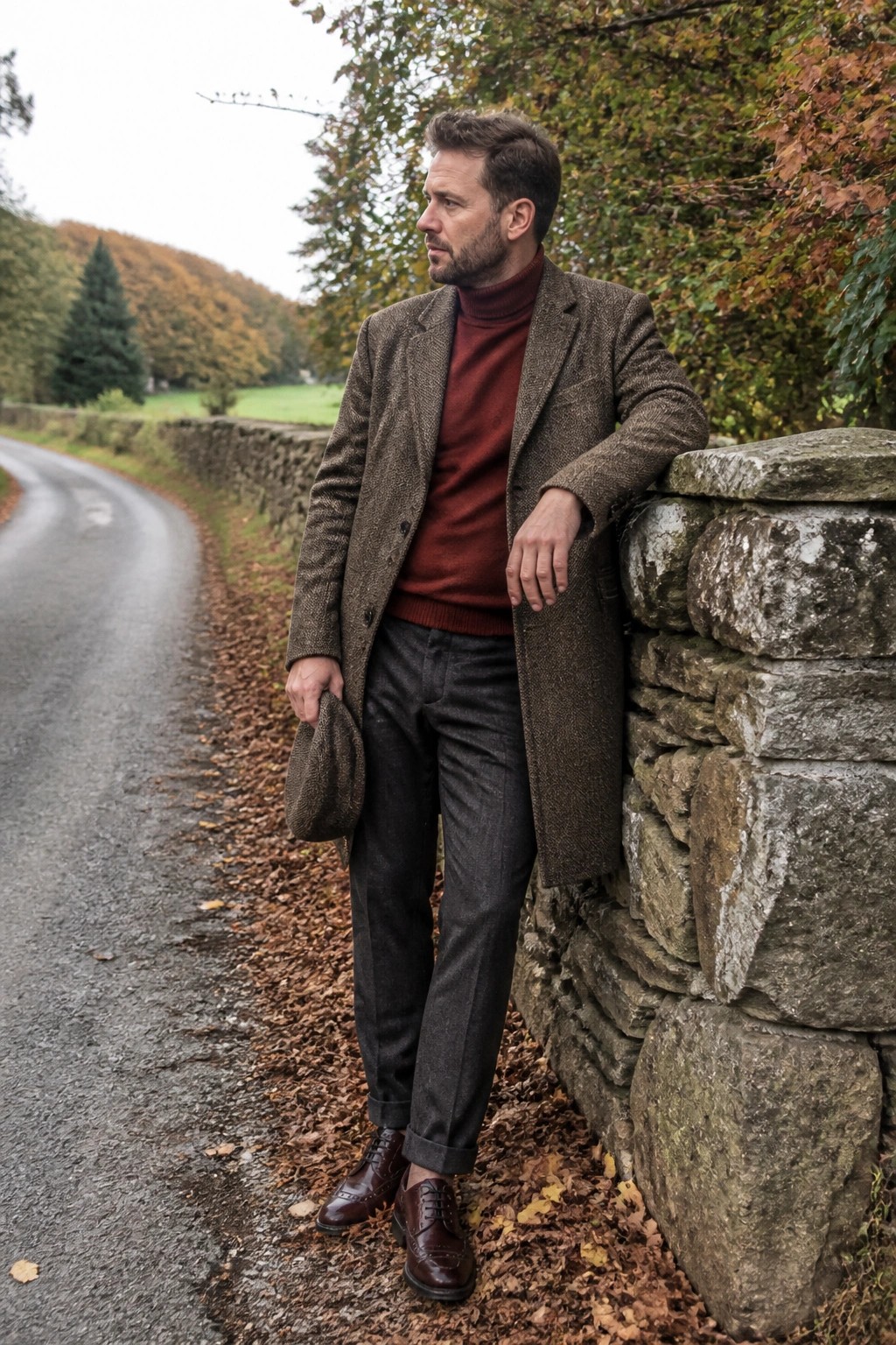 Man in brown tweed overcoat and maroon turtleneck leaning on stone wall by autumn road