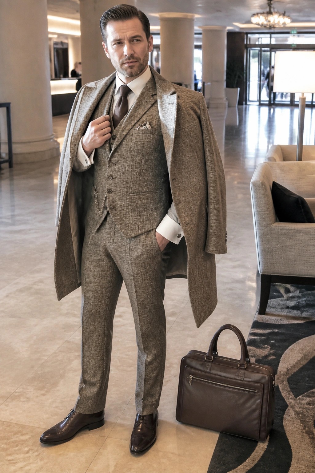 Man in brown tweed three-piece suit with overcoat beside leather briefcase in lobby