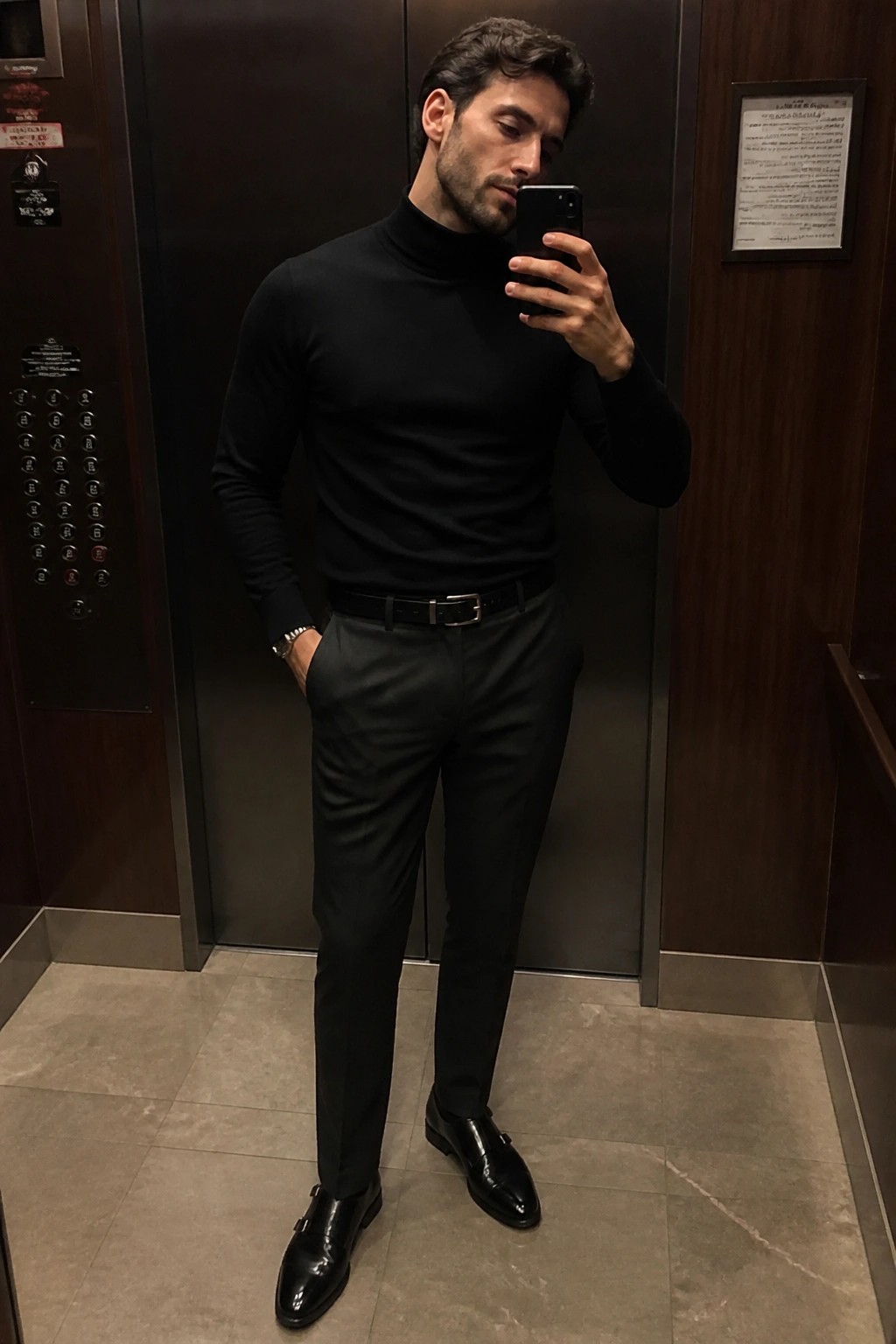 A man wearing a black turtleneck sweater, black trousers, black belt, and black patent leather double monk strap shoes taking a mirror selfie in an elevator.