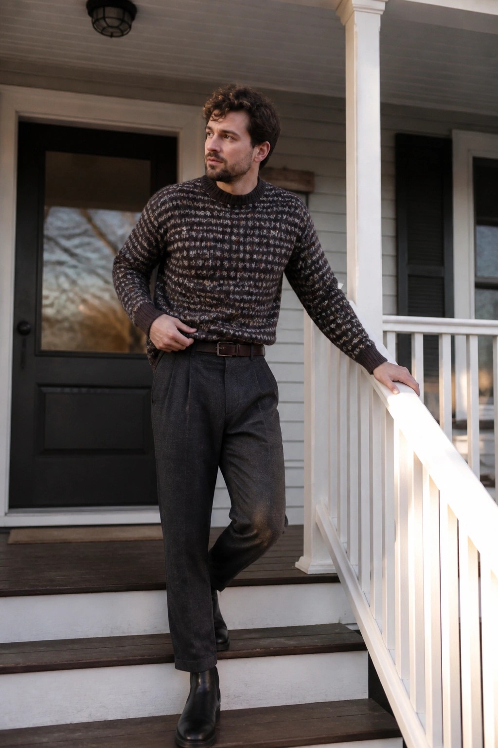 Man in patterned sweater and gray trousers on wooden porch steps.