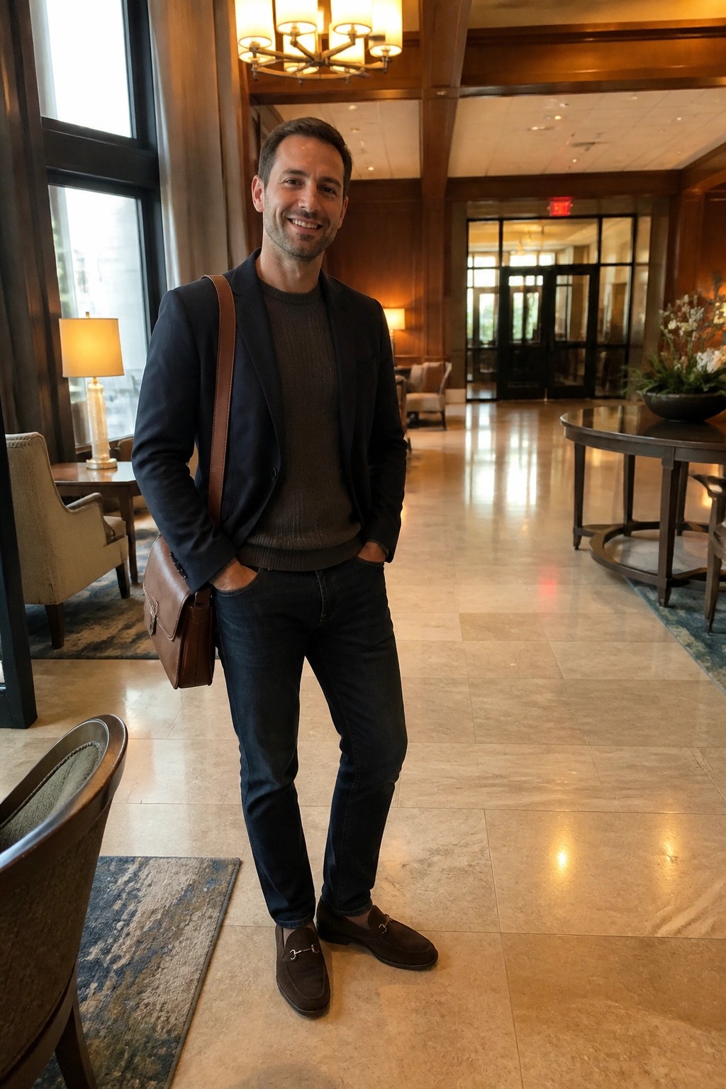 Man in navy blazer and jeans smiles in elegant marble hotel lobby with leather bag