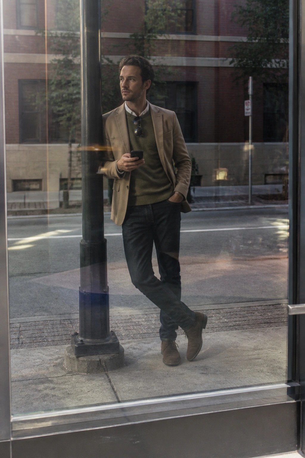 Man in tan blazer and green sweater leans on pole holding smartphone by street.