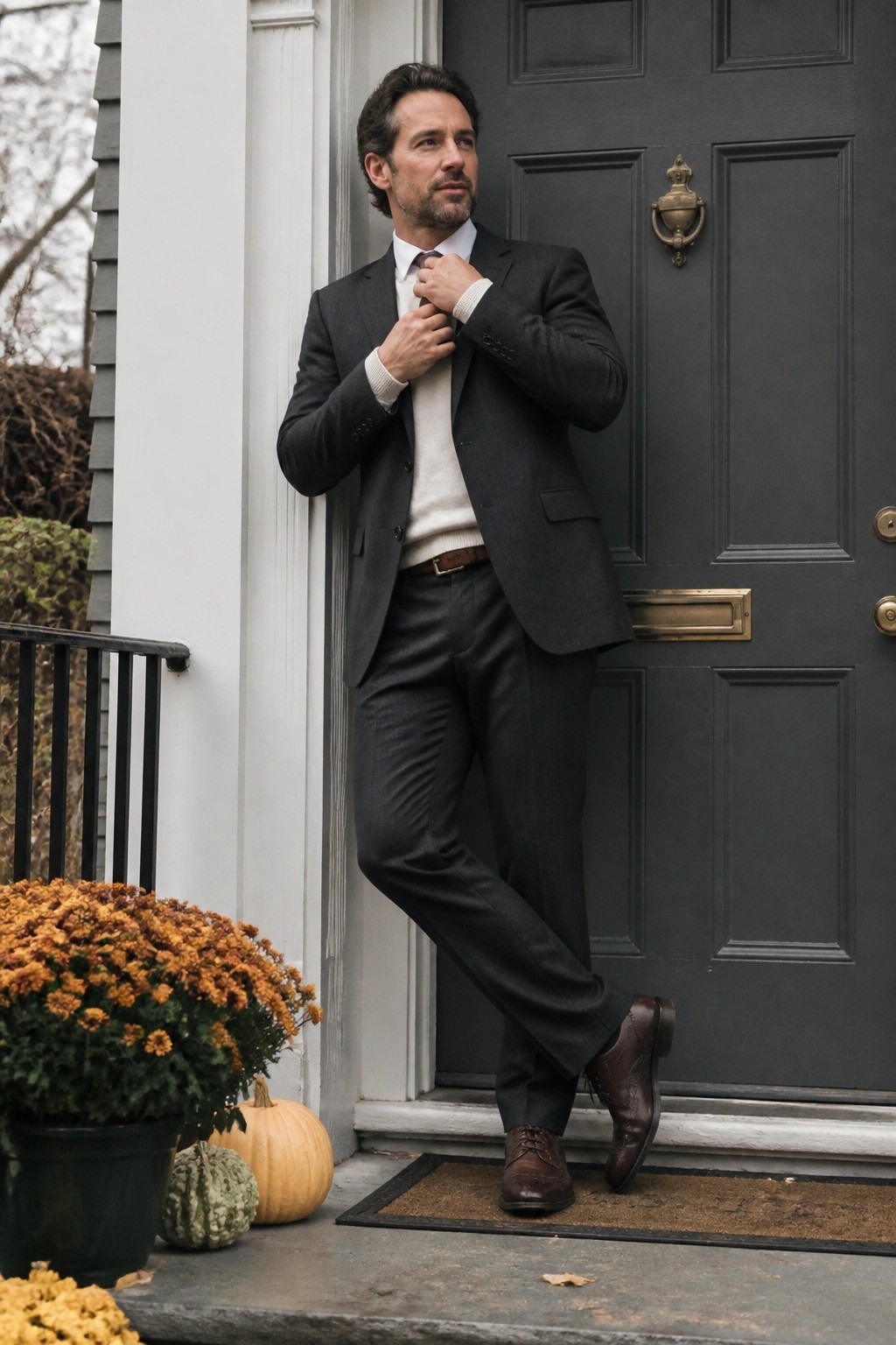 Man in gray suit adjusting tie on fall porch with pumpkins and flowers