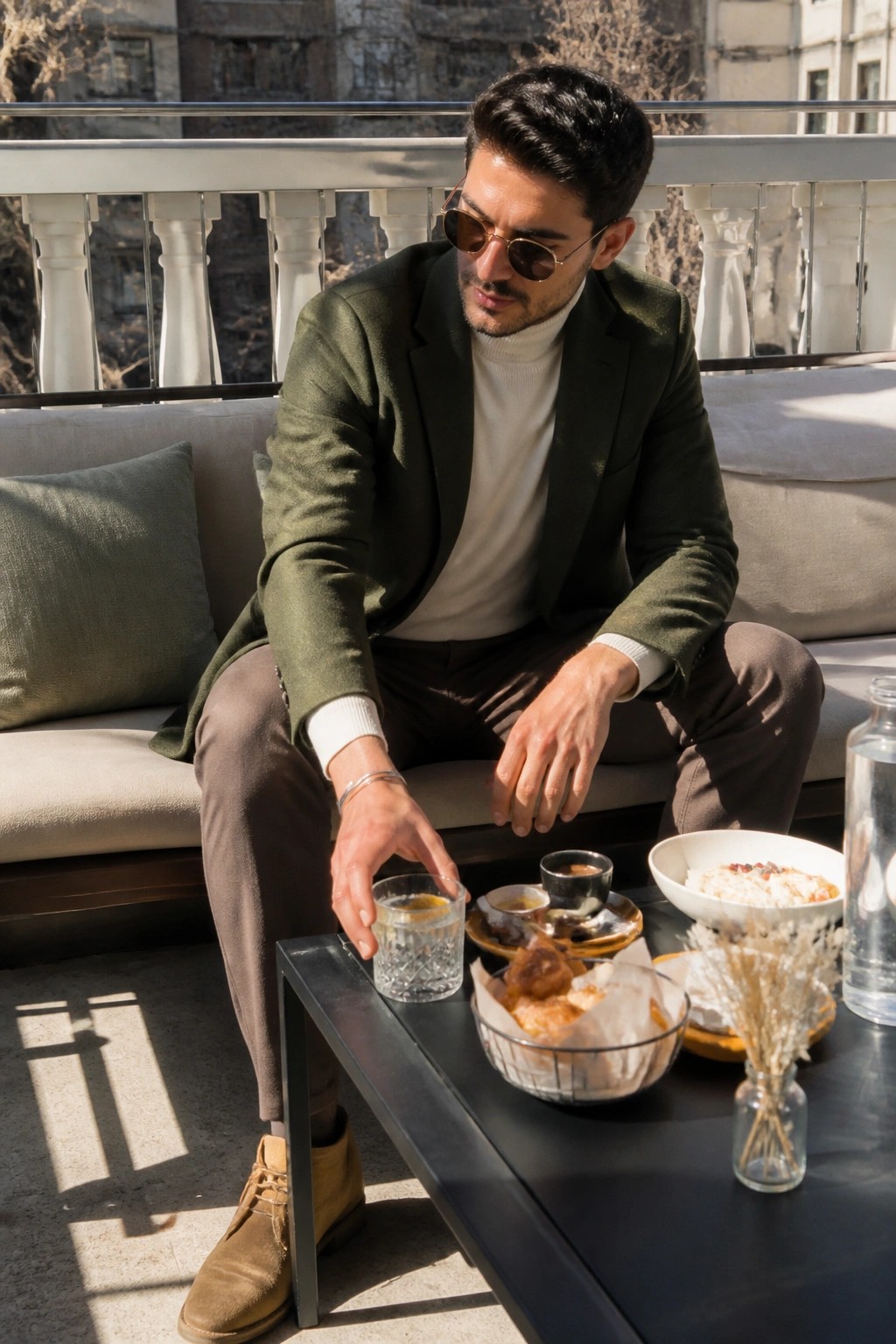 Man seated wearing olive green blazer over white turtleneck sweater with brown trousers and tan suede boots while reaching for a glass on a table.