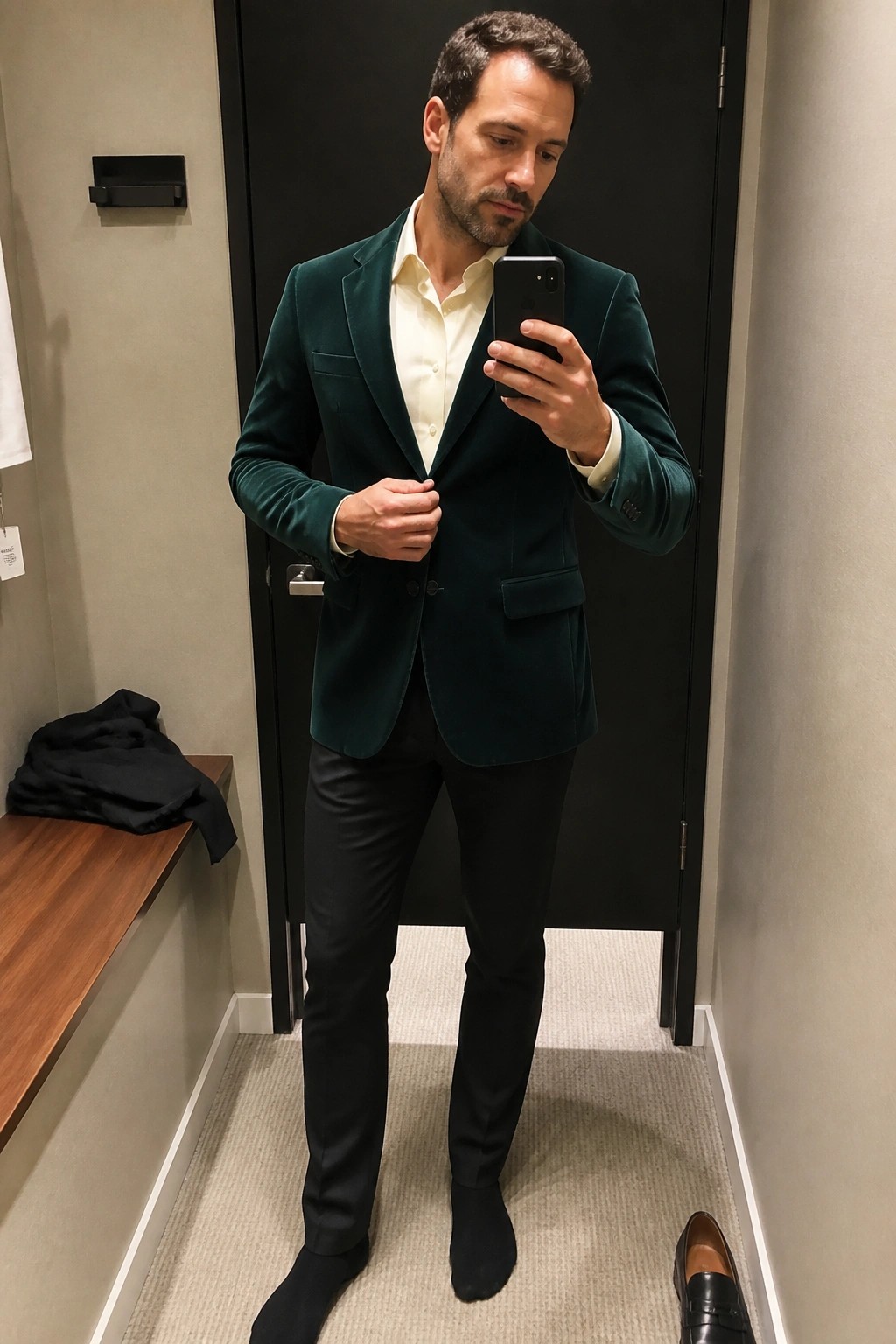 Man wearing dark green velvet blazer over cream button down shirt with black trousers and black socks standing in fitting room holding phone