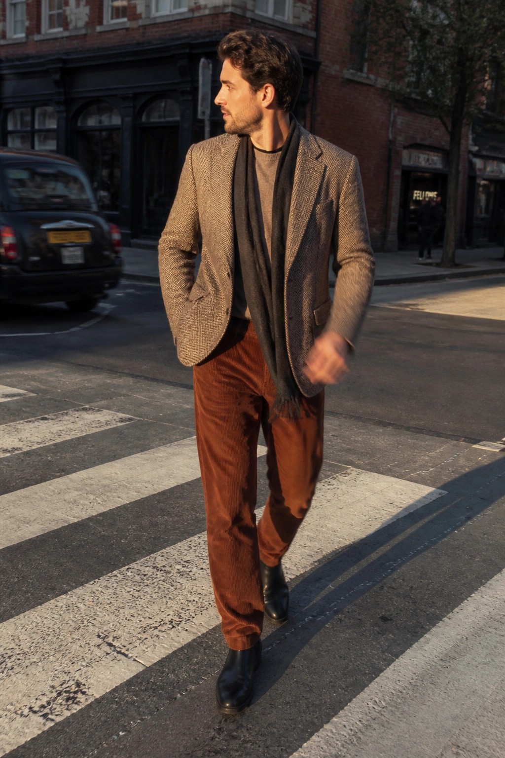 Man in herringbone blazer, scarf, and brown corduroy pants crossing urban street crosswalk