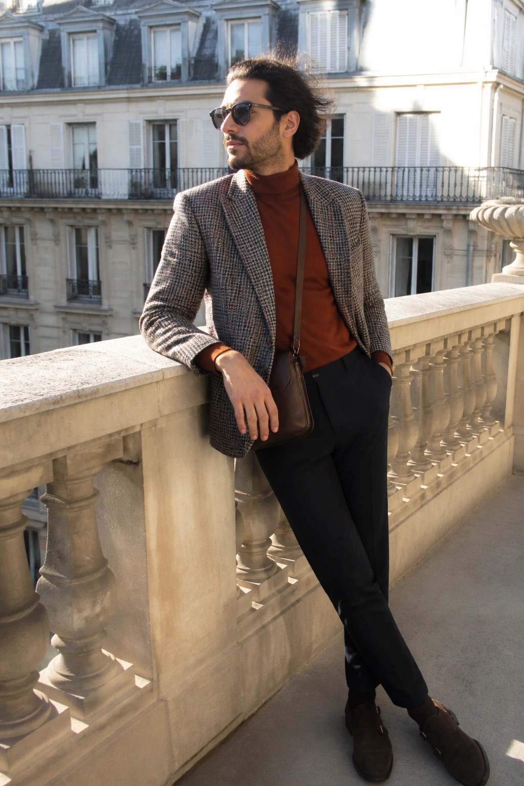 Man in patterned houndstooth blazer over rust turtleneck sweater with black trousers and brown suede monk strap shoes on a stone balcony.