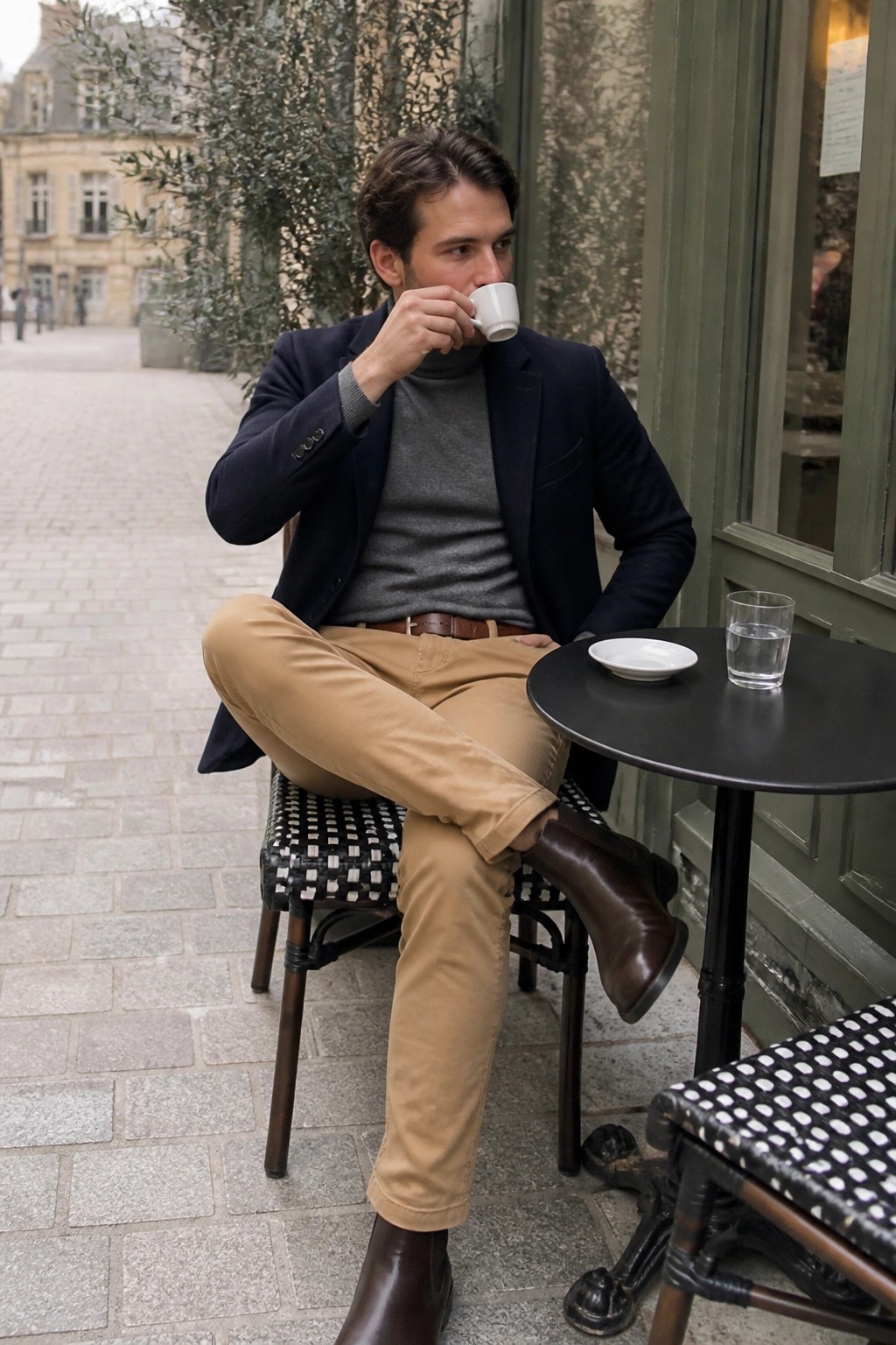 Man in navy blazer and tan pants sips from white cup at outdoor cafe table