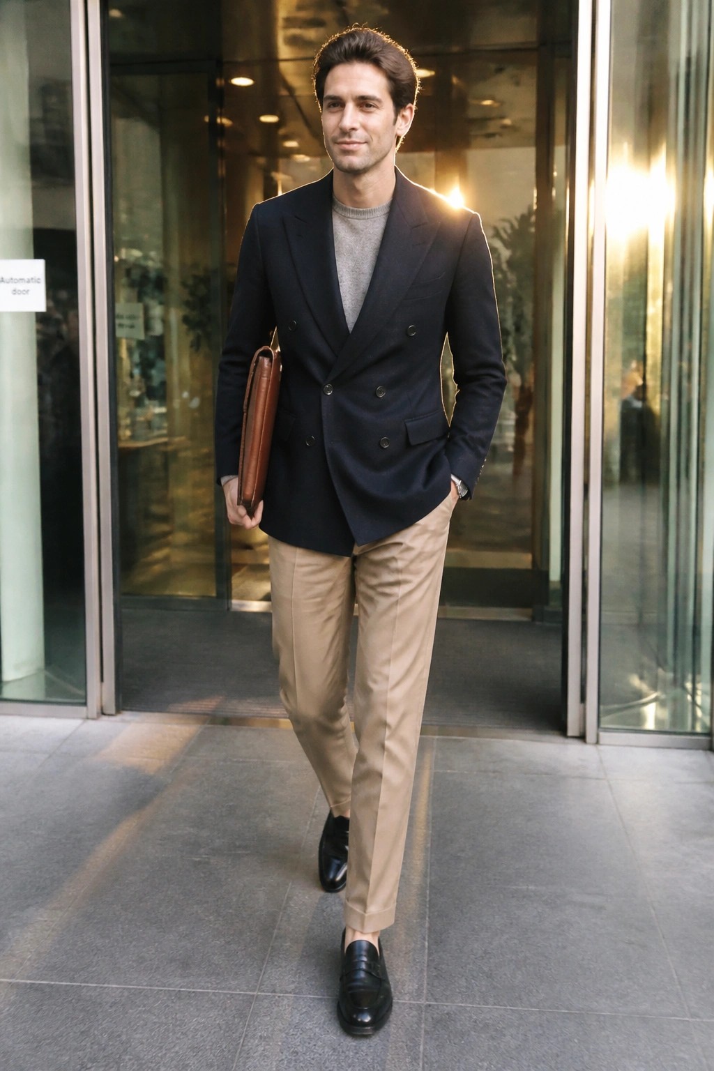 Man in navy blazer and beige pants carrying brown leather bag outside glass doors
