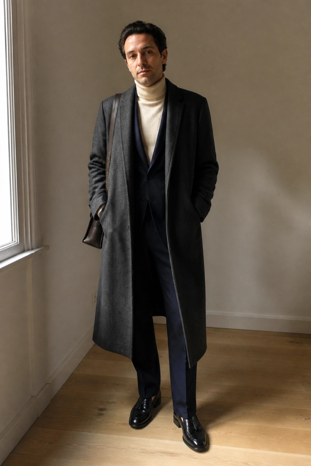 Man wearing a long grey wool overcoat open over a navy suit jacket and trousers with a cream turtleneck sweater and black leather loafers, brown leather bag on shoulder.