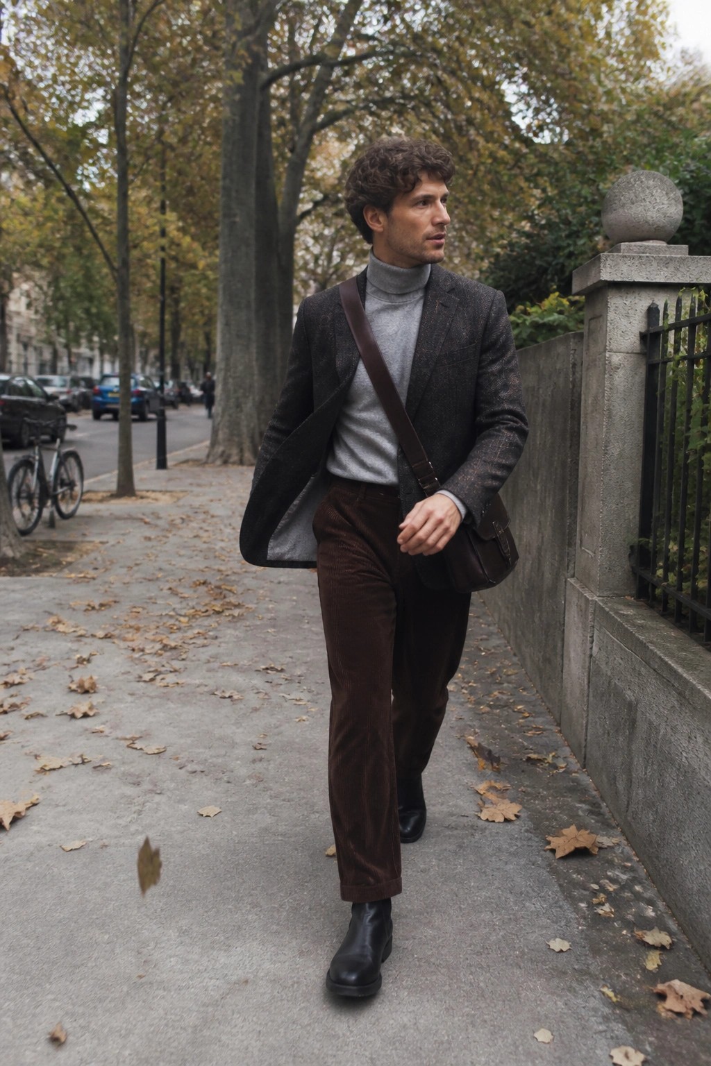 Curly-haired man in tweed blazer, gray turtleneck, and corduroy pants on autumn sidewalk
