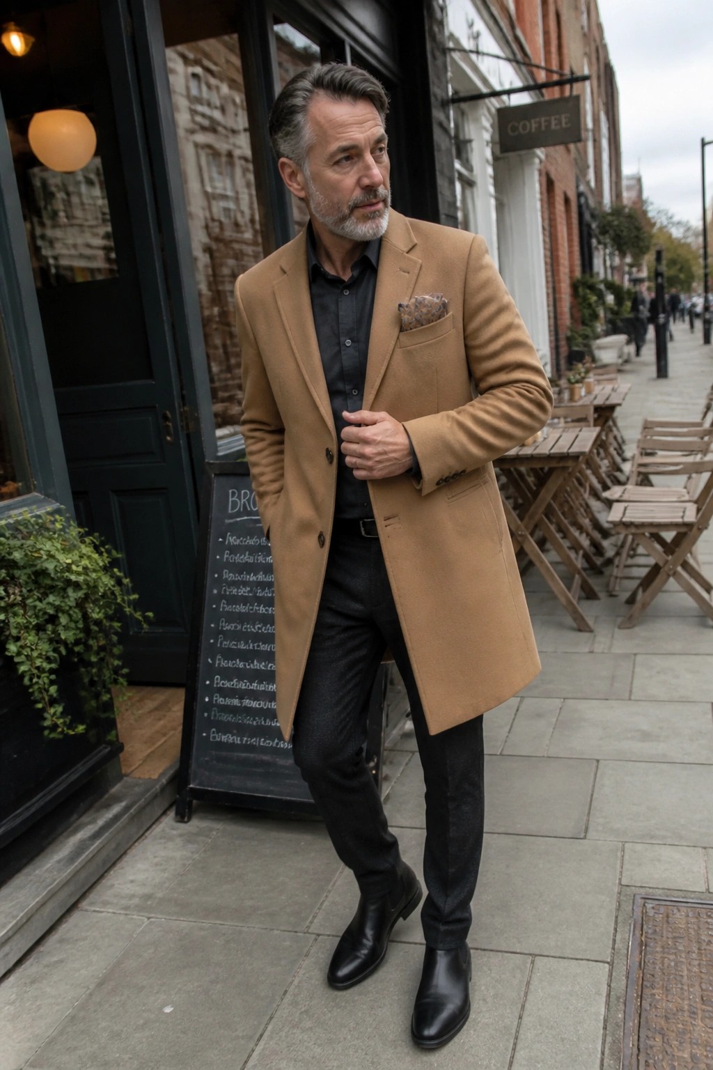 Man over 50 wearing a camel overcoat open over a black button down shirt, black trousers, black Chelsea boots, and a patterned pocket square standing on a city sidewalk.