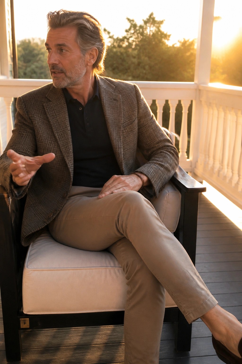 Man in plaid blazer gestures while seated on sunlit wooden porch at sunset