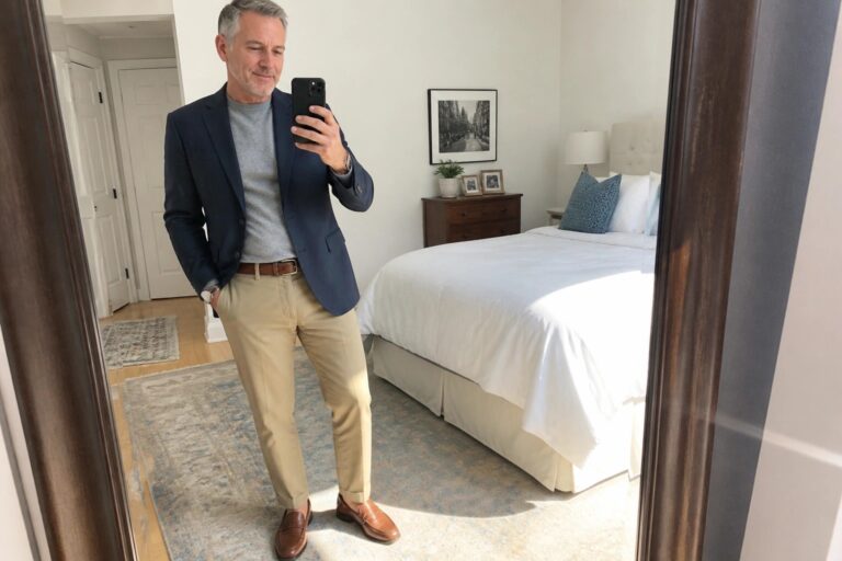 Man in navy blazer, gray shirt, khaki pants taking mirror selfie in bedroom