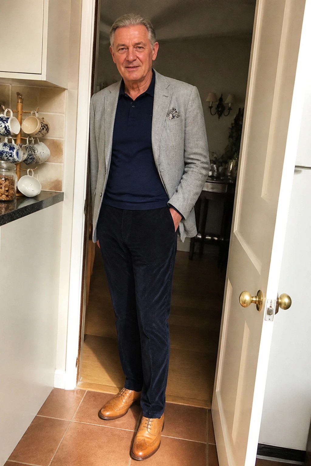 Man in gray blazer over navy polo with corduroy pants in doorway