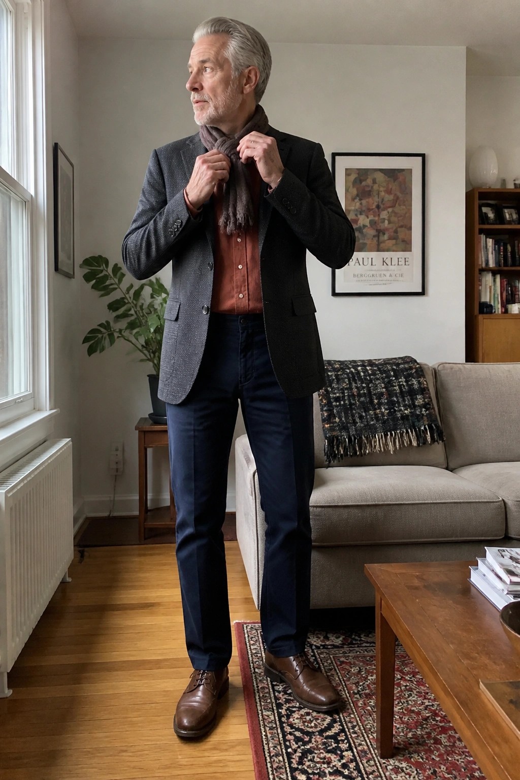 Gray-haired man adjusts brown scarf over rust shirt and gray blazer in living room.