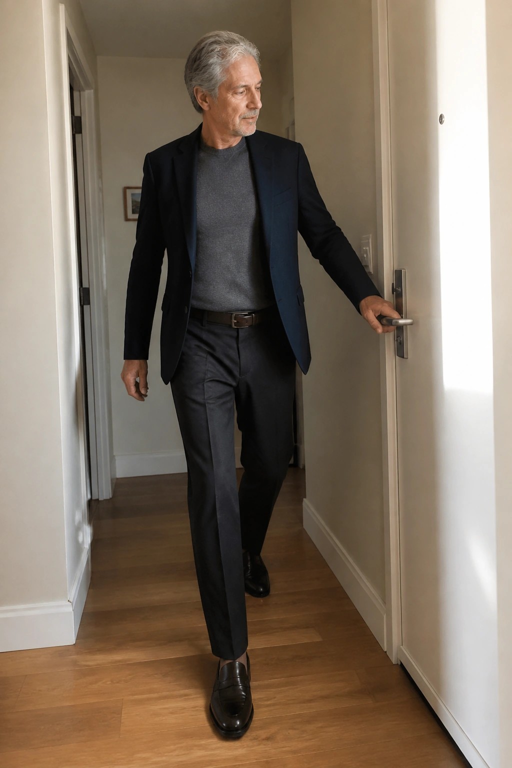 Gray-haired man in navy blazer and sweater holds door handle in hallway