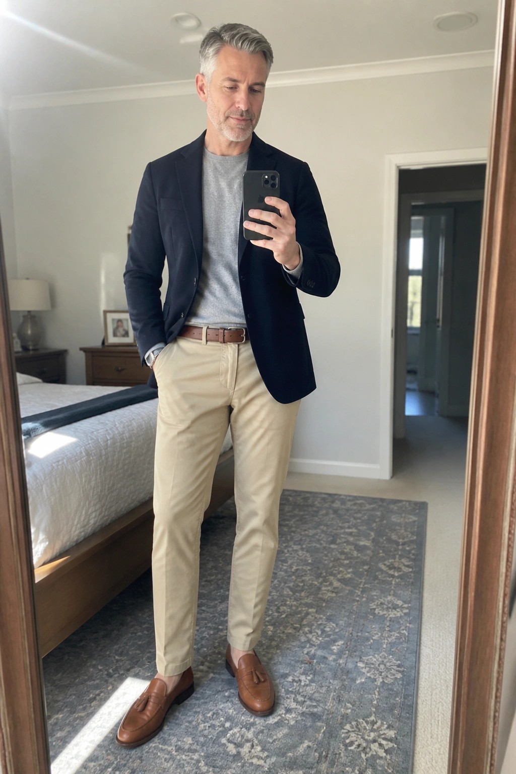 Man in navy blazer, gray shirt, khaki pants taking mirror selfie in bedroom