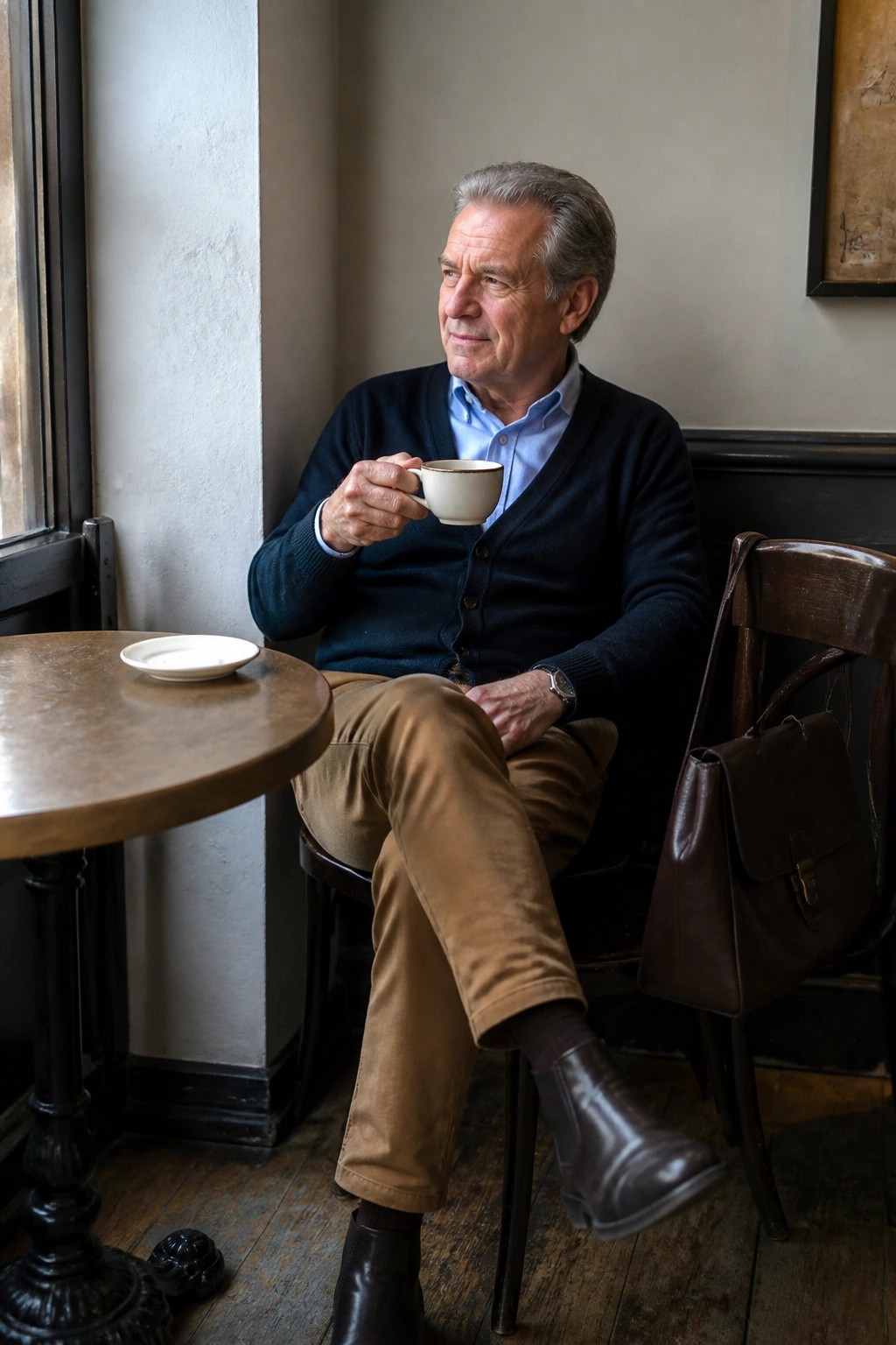 Older man in blue cardigan sips coffee by window beside leather bag