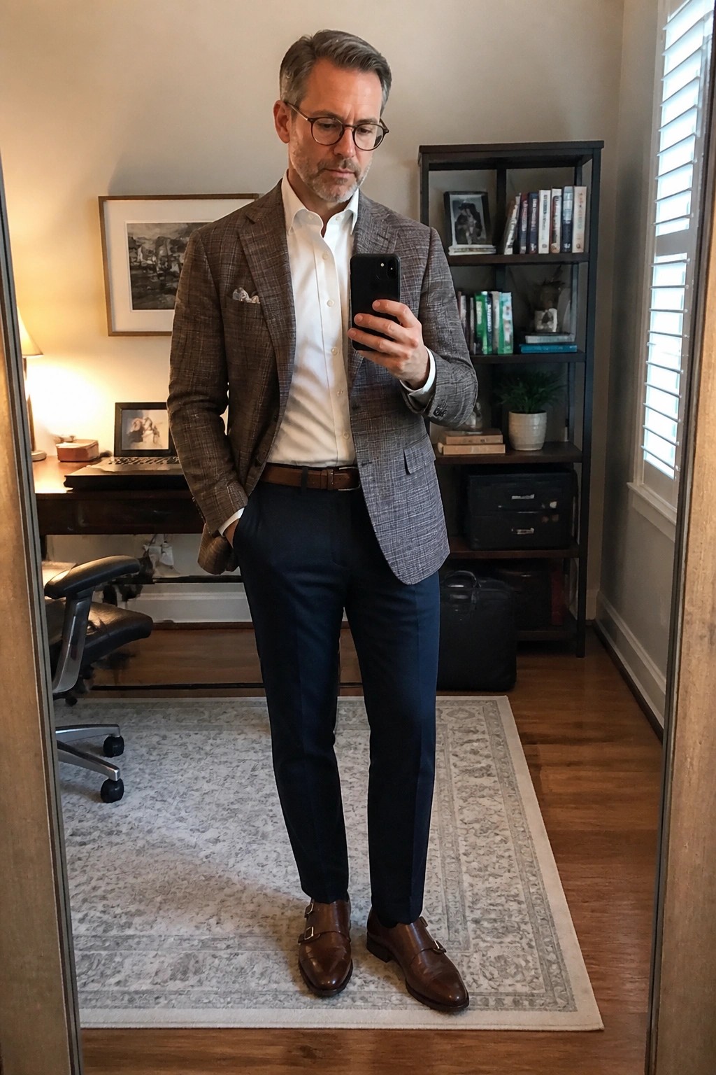 Man in brown plaid blazer and navy pants taking mirror selfie with phone